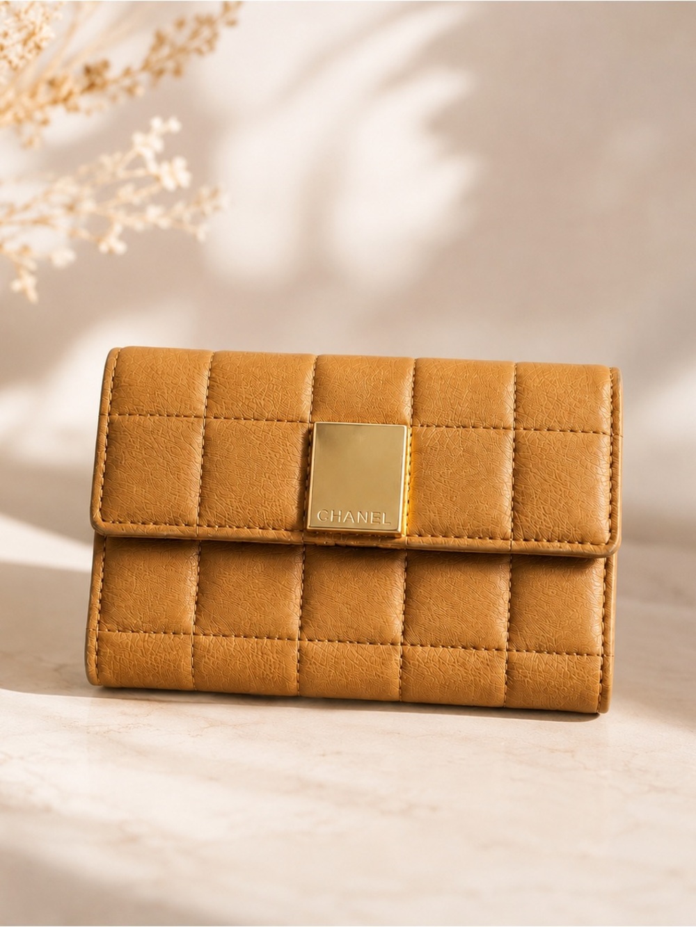 Vintage CHANEL Chocolate Bar Tan Leather Wallet with Gold Hardware 2002-2003